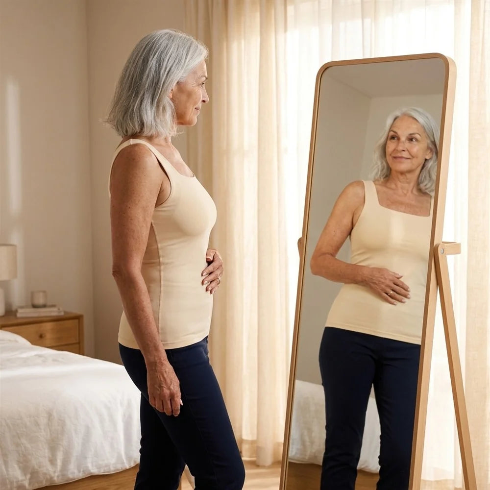 Woman wearing Maggie's built-in bra comfort tank in front of a mirror