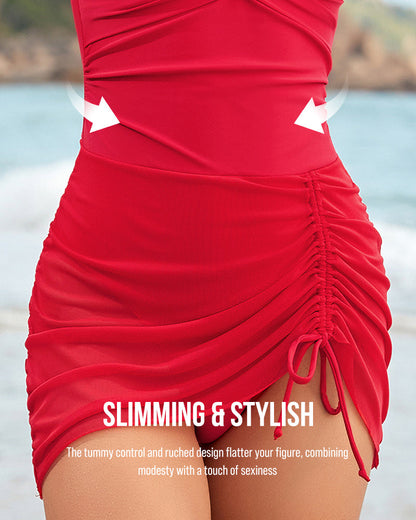 Adjustable Drawstring Mesh Patchwork One-Piece Swimsuit